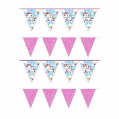 4x eenhoorn thema vlaggenlijnen print en roze glitters kinderfeestje/kinderpartijtje versiering/decoratie