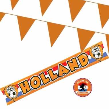 Oranje versiering buiten pakket 1x holland banner 370x60 + 200 meter vlaggetjes
