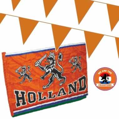 Oranje versiering buiten pakket 1x mega holland spandoek/ vlag + 200 meter vlaggetjes
